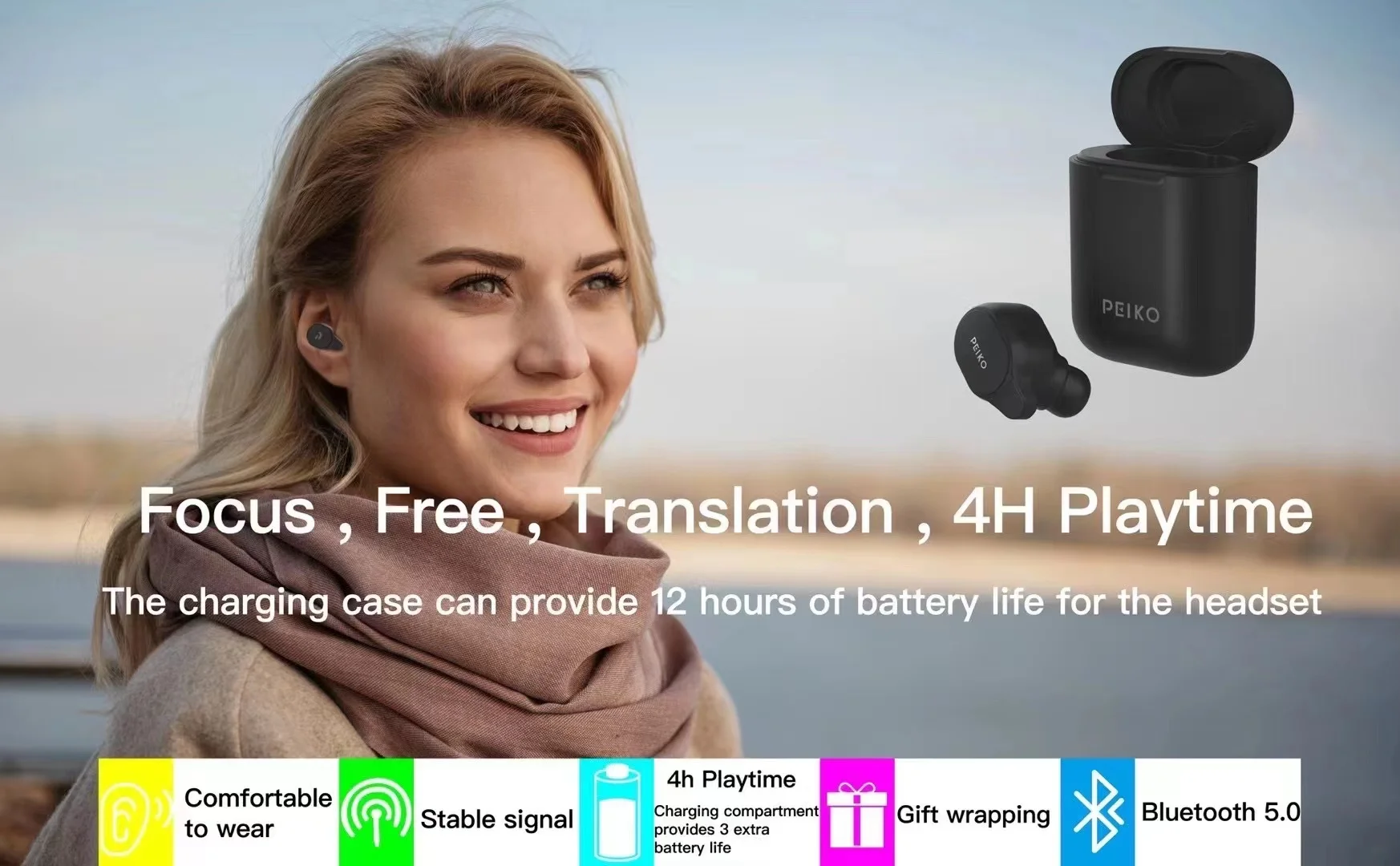 NEW Peiko S Translation Headphones 50+ Languages instant Translate Smart Voice Translator Wireless Bluetooth Translator Earphone