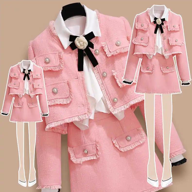 Women Jacquard Tweed Elegant Chic Suit Jacke Coat Shirt Top And Skirt Three Piece Set Outfit Female Party Pink Y2K Clothing