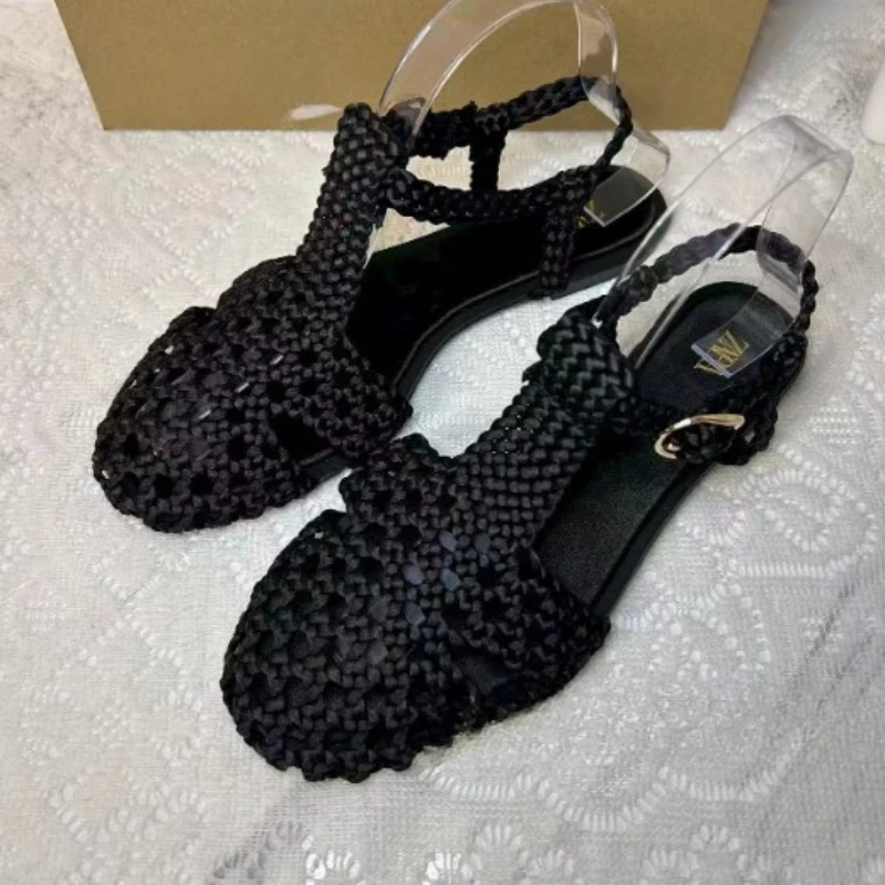 Women Flat Sandals Gold Woven Style Soft Inside Very Light Easy To Wear Summer Ladies Sandals with Adjustable Ankle Strap