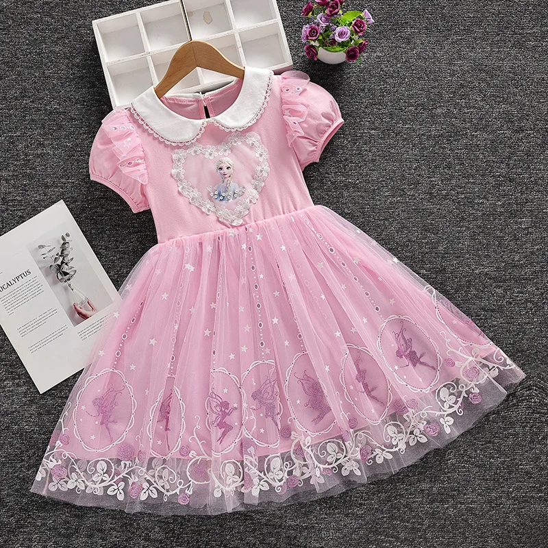 Summer Children Clothes Fashionable Girls Frozen Elsa Short Sleeved Lace  Doll Collar Princess Dress Kids Birthday Party Vestido