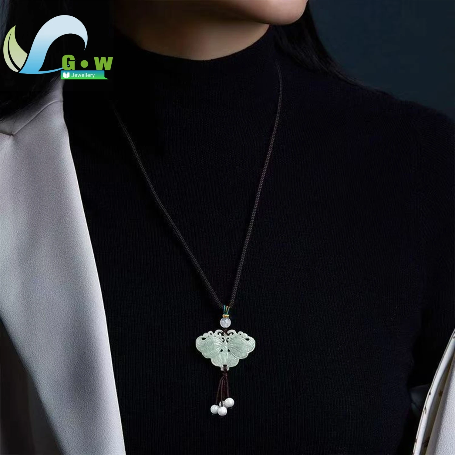 Natural A Grade Jadeite Double Sided Butterfly Pendant Glutinous Texture Long Sweater Chain Women's Ethnic Style Jewelry Gift