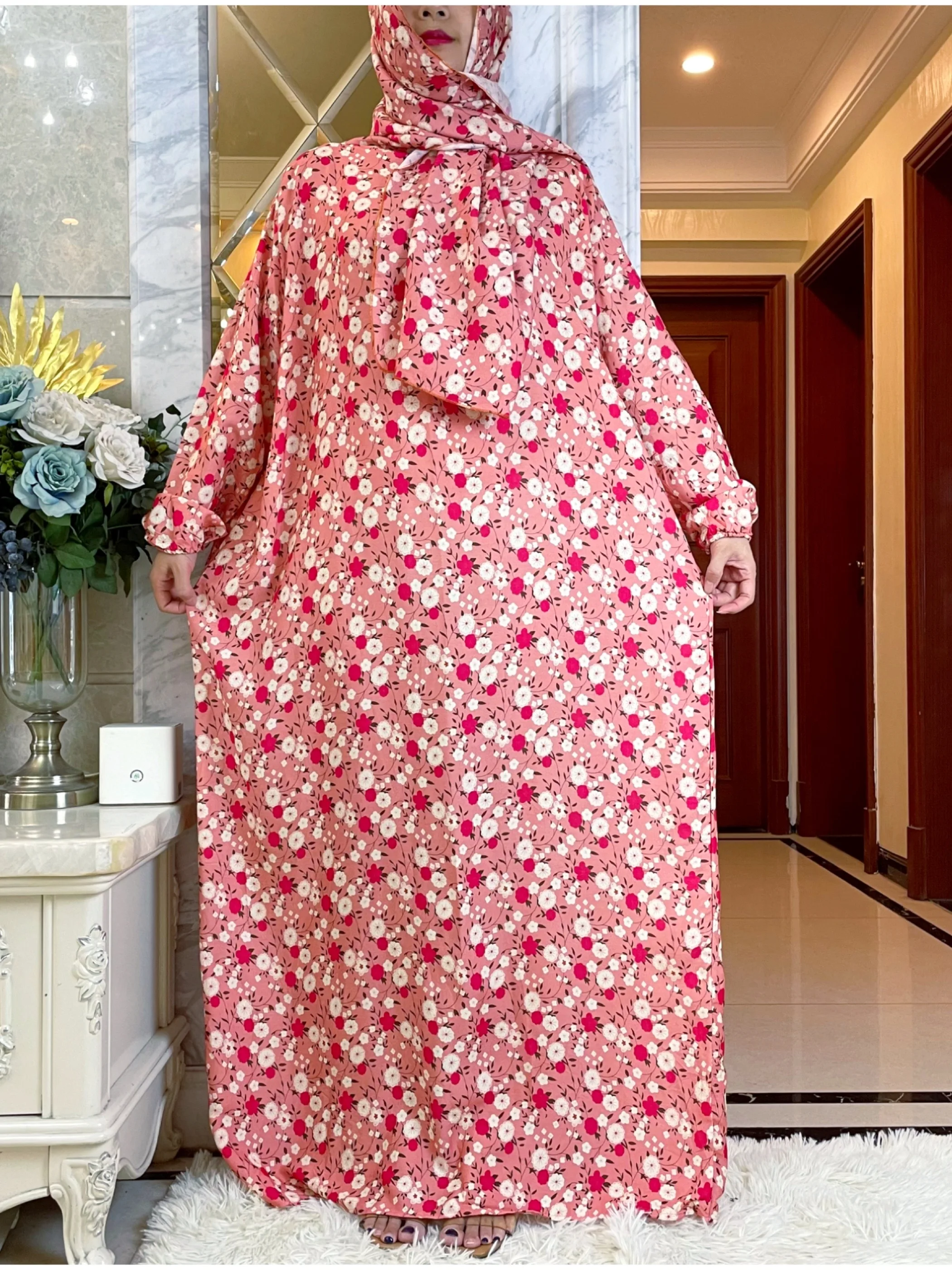 2023Ramadan Prayer Muslim Cotton Abayas For Women Dubai Turkey Middle East Femme Robe Floral Loose African Dress Turban Attached