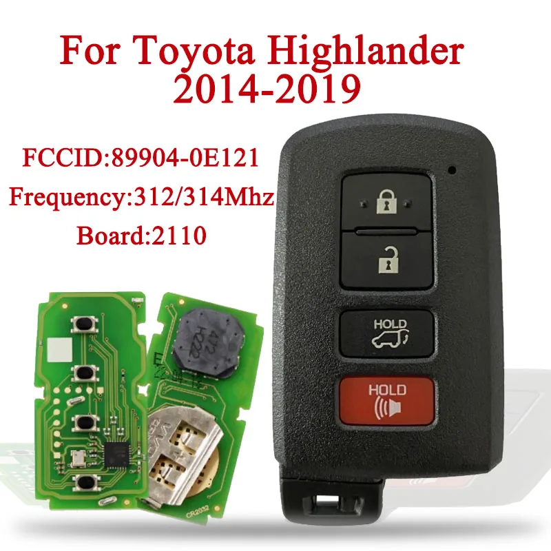 Terno esperto remoto do Fob da chave para Toyota Highlander, 4 botões, Keyless Go, 89904-0E121, placa HYQ14FBA 2110, 2014-2019, 312, 314MHz