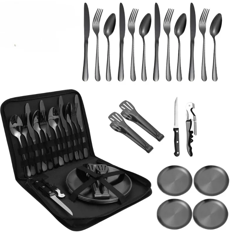 Juego de cubiertos  acero inoxidable para exteriores, cuchillo para Picnic, tenedor, cuchara, plato, bolsa  lona portátil,