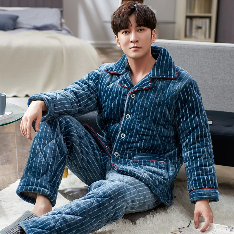 

Stripe Coral Fleece Quilted Men's Pajamas Set Winter Thick Long Sleeve Long Trousers Set Casual Keep Warm Home Service Sleepwear