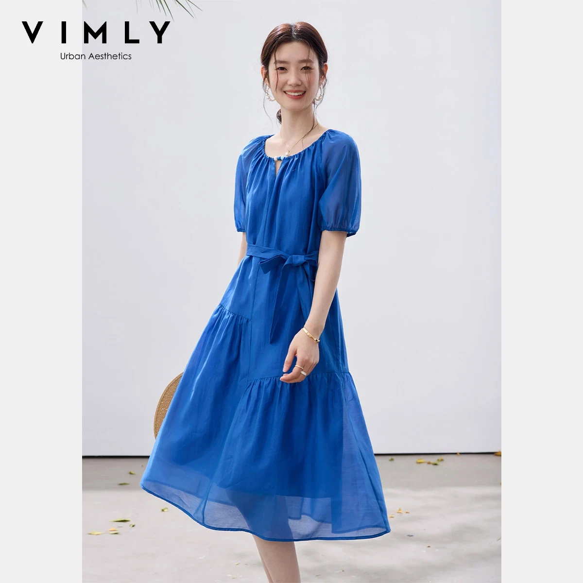 

VIMLY Women's Round Neck Short Sleeve A-Line Dress 2026 Summer New Klein Blue French Tie Waist Puff Sleeve Midi Dress A5229