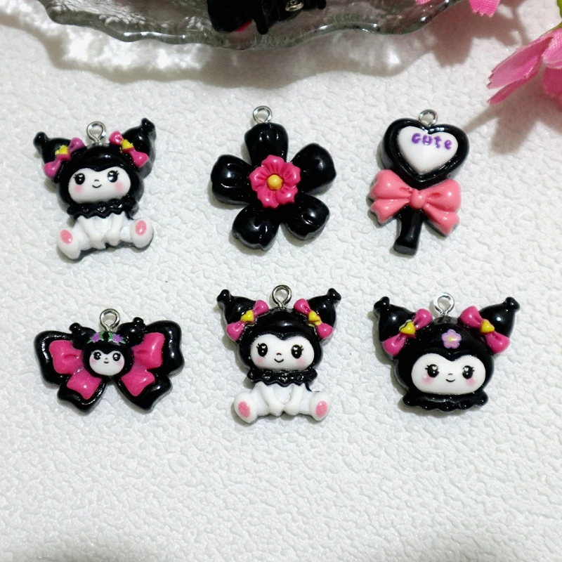 10pcs Kawaii Kuromi Resin Nailing Pendant Cute Bow Flower Shiny Anime Charms DIY Bracelet Earring Keychain Decoration Accessory