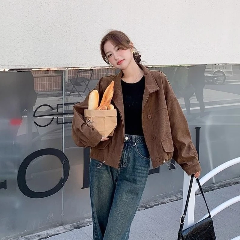 سترة نسائية قصيرة بنية سروال قصير بتصميم هاراجوكو ريترو فضفاضة وياقة واقفة ملابس عمل مستوحاة من أزياء ربيع الخريف #5