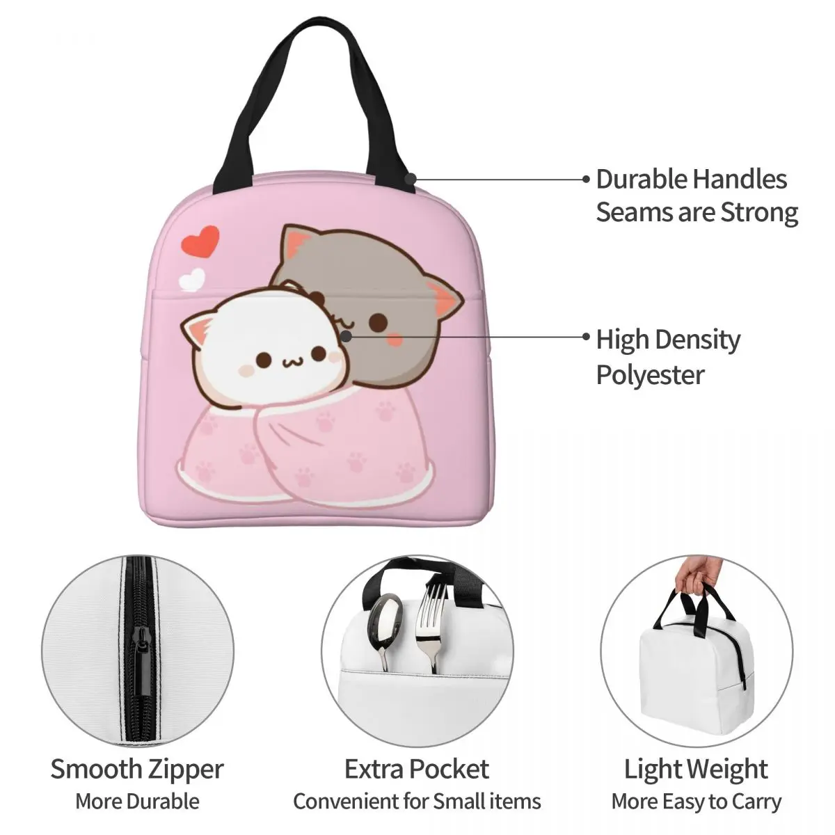 Cute Peach And Goma Cartoon Insulated Lunch Bags Thermal Bag Meal Container Mocha Mochi Peach Cat Lunch Box Tote Food Handbags