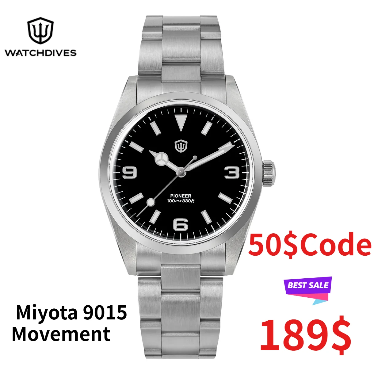 Watchdive WD6610 ساعة ميكانيكية فاخرة ميوتا 9015 حركة الياقوت مضيئة 100 متر مقاوم للماء 37 مللي متر ساعة التاريخ التلقائي