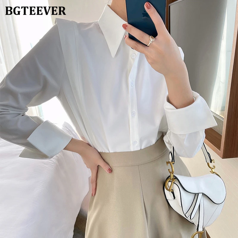 

Женская белая блузка BGTEEVER на весну-осень с отложным воротником, однобортная, элегантная, с длинным рукавом, свободного кроя, однотонная