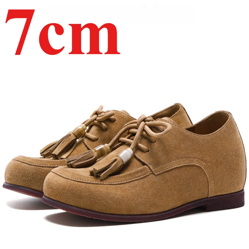 Comfortable 7cm Invisible Height Increasing Shoes for Women's Autumn New Genuine Leather Breathable Tassel Design Retro Loafers
