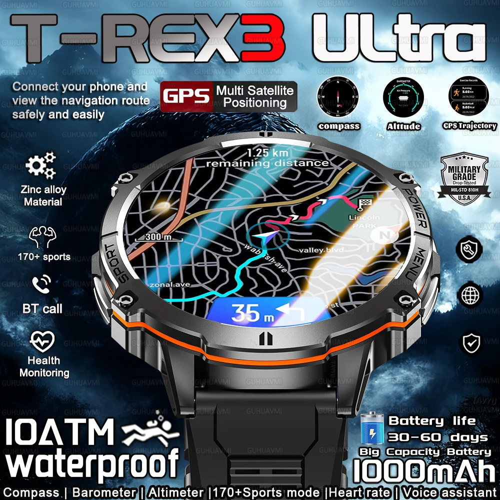 

2025 New T-REX3 outdoors sports Smart Watch 1000mAh Large Battery Durable 10ATM Waterproof 170+Sport HD call Smart Watch Mens