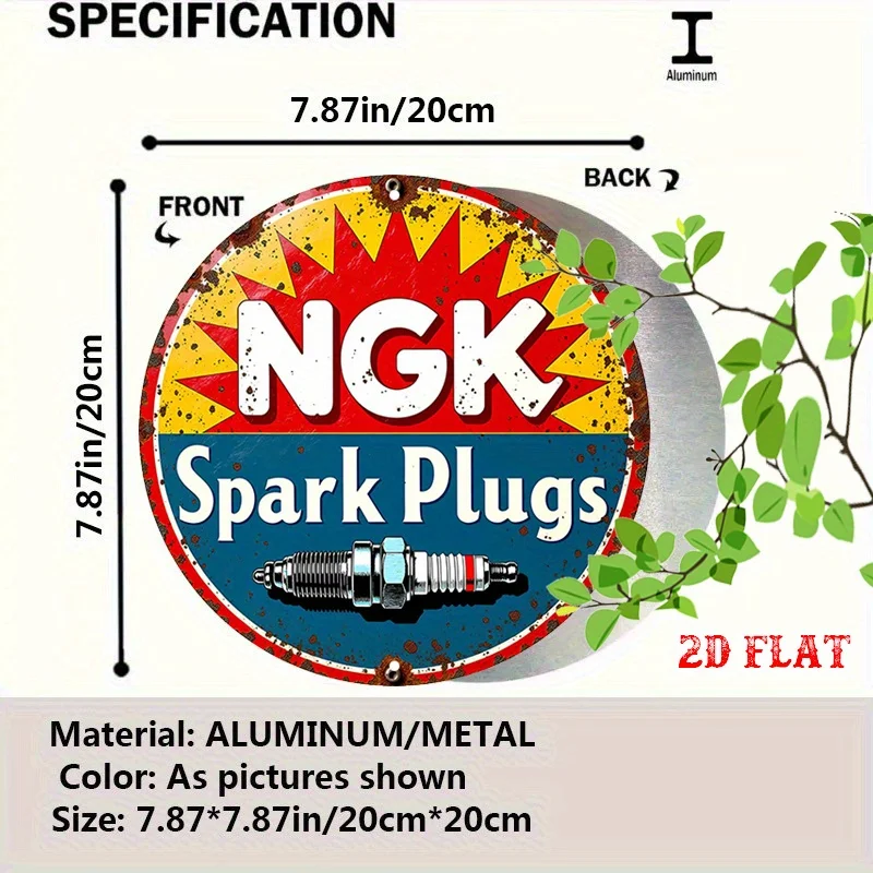 2D Flat 1pc Plugs Aluminum Metal  Sign, NGK Spark Round Aluminum Sign, Vehicle 7.87X7.87 Round Aluminum Sign - Dining Room, Cafe