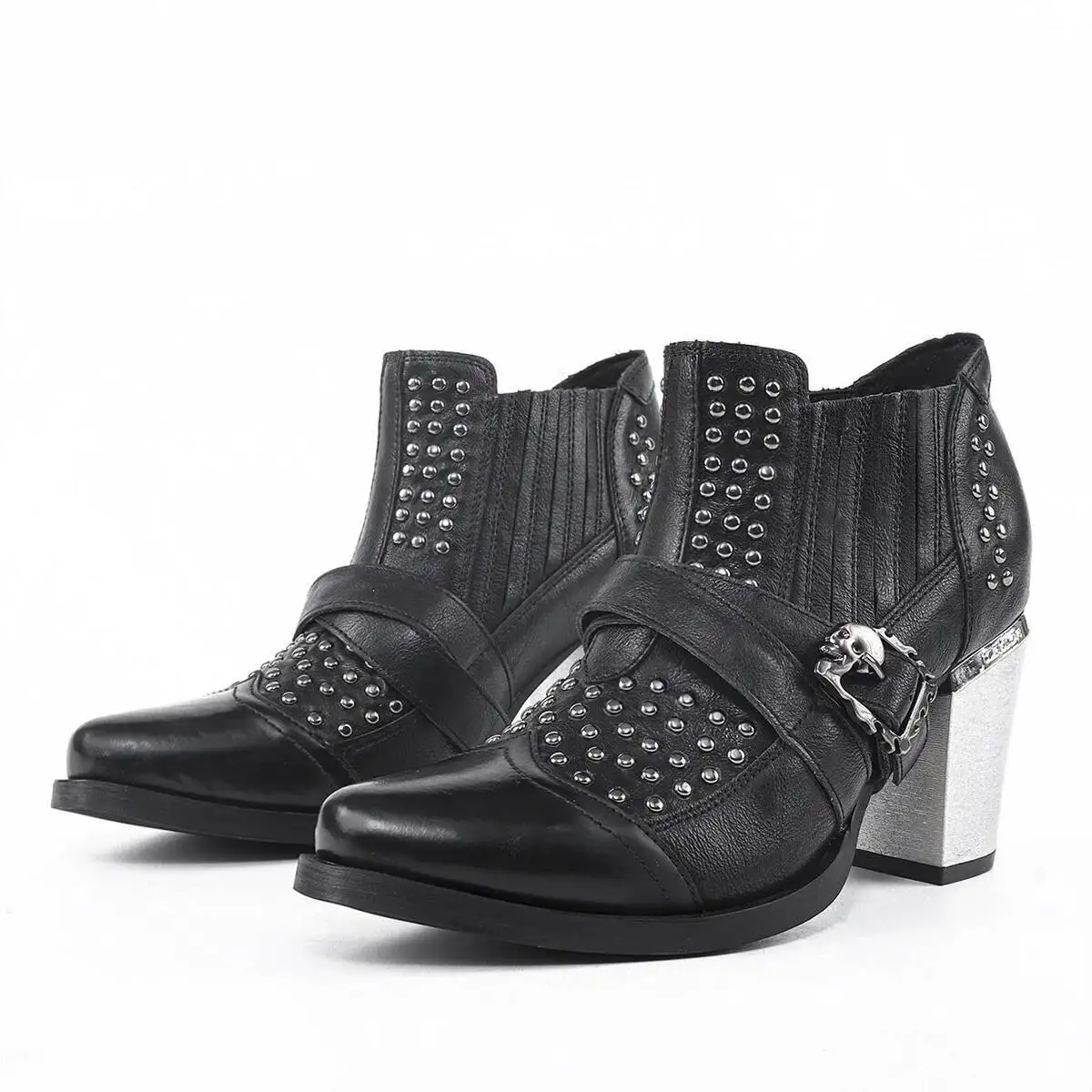 Stivali corti unisex con tacco alto da donna con rivetti lucidi Tacchi alti robusti Scarpe in pelle alla moda con punta quadrata piccola