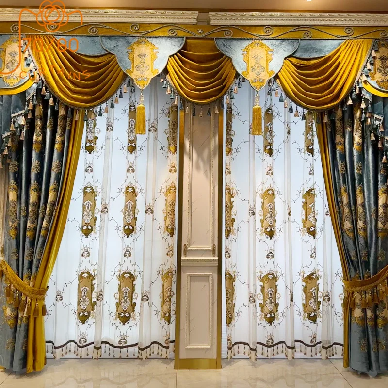 

Blue Flannelette Gold Embroidery Jacquard Stitching Thickened Curtains for Living Room Bedroom Villa French Window Customized