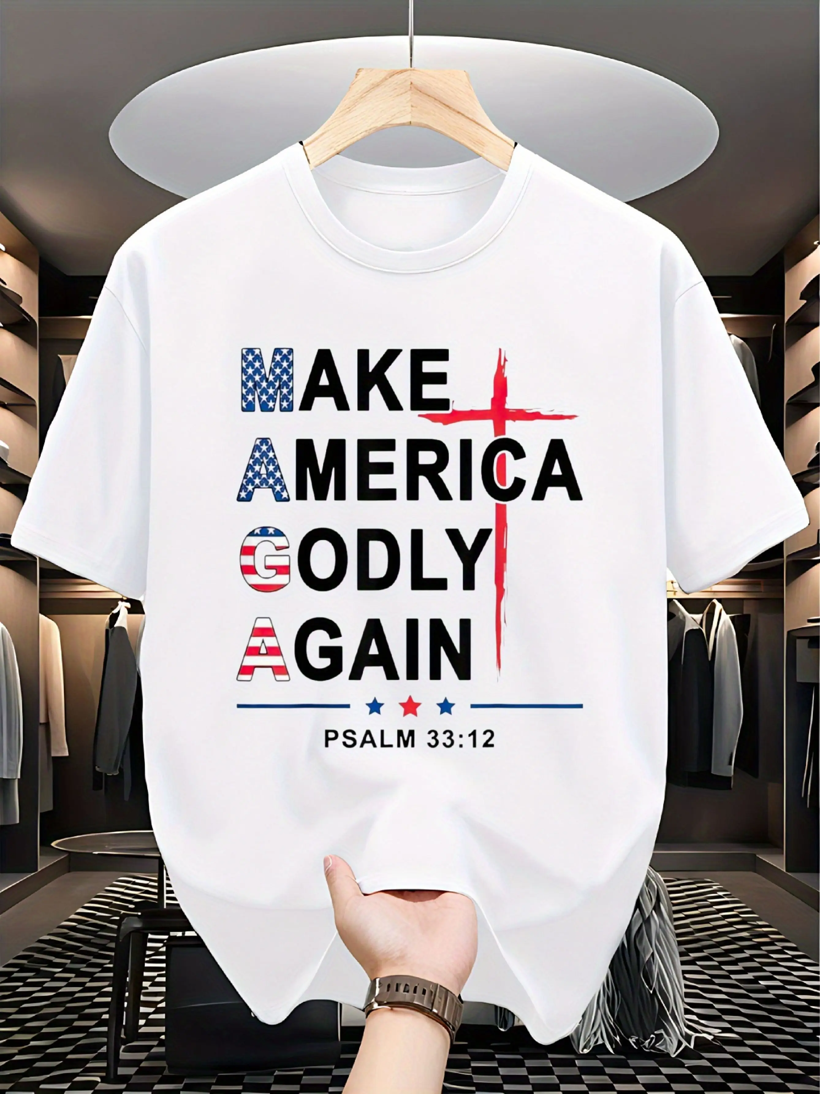 

Men's MAGA Patriotic Christian T-shirt - "Let America Revere God Again" Red, White and Blue American Flag Design