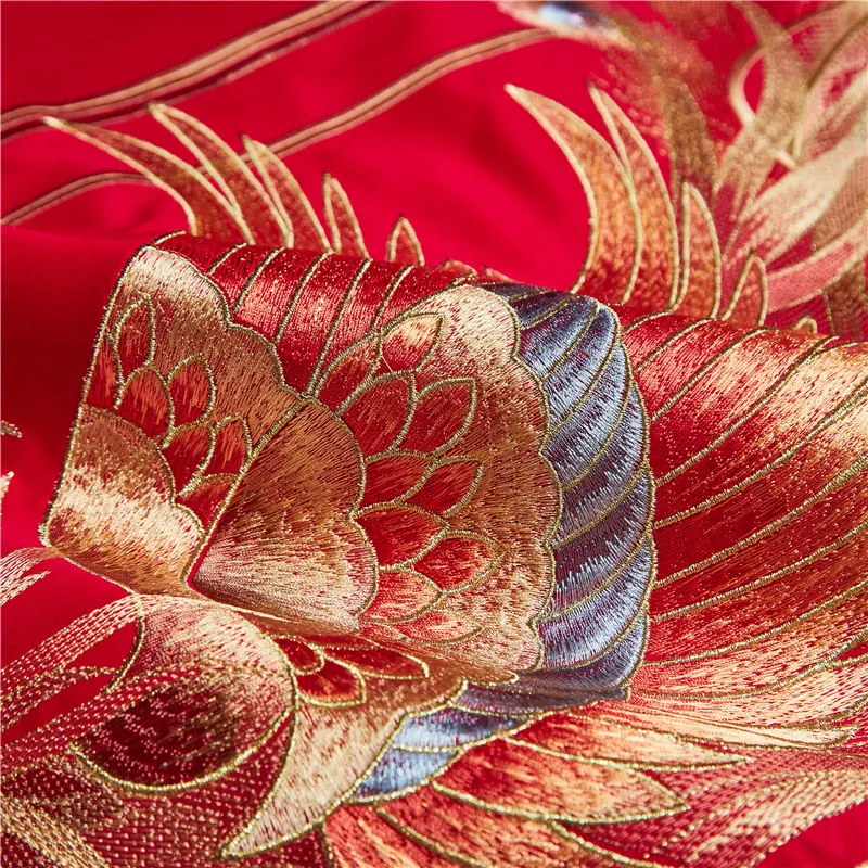 Imagem -04 - Jacquard Satin Conjunto de Cama com Dragão Dourado e Phoenix Bordados Algodão Duvet Cover Lençol Fronhas Luxo Casamento Chinês Vermelho