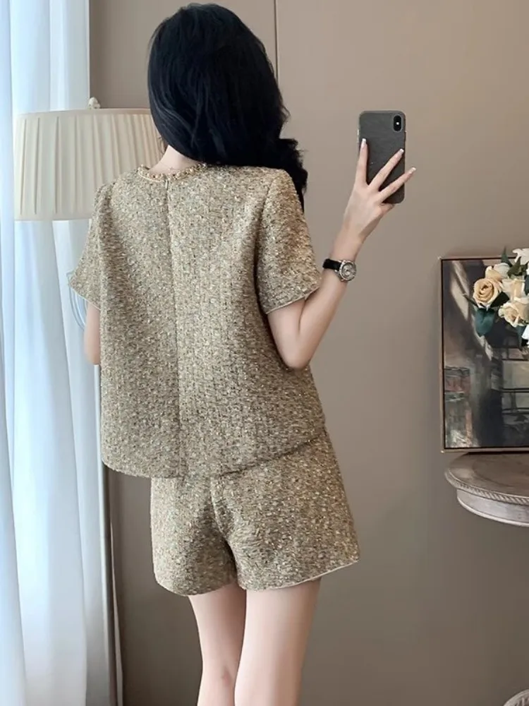 Moda feminina elegante manga curta tweed camiseta shorts de cintura alta conjunto de duas peças novo verão casual escritório senhora conjuntos de correspondência