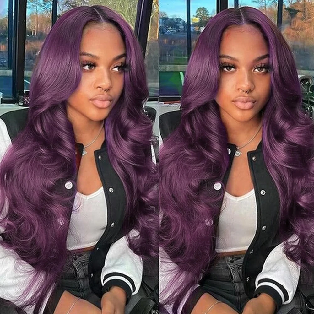 Deep Purple Body Wave Glueless Wig for Women Dark Burgundy Synthetic 13X4 Transparent Lace Front Wigs Pre Plucked with Baby Hair