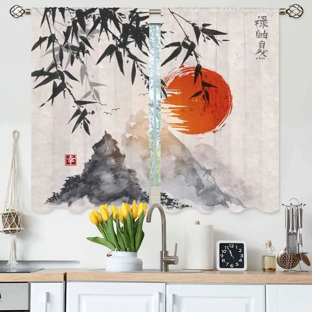 Japanese Ink Painting Kitchen Curtains Bamboo Trees Red Sun and Fuji Mountains Traditional Style Short Tier Curtains  Bathroom