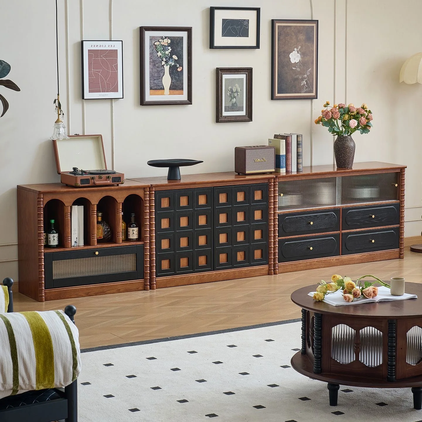 

# French Retro Pastoral Solid Wood TV Stand and Coffee Table Set, Small Space Storage Cabinet for Living Room Home Use^
