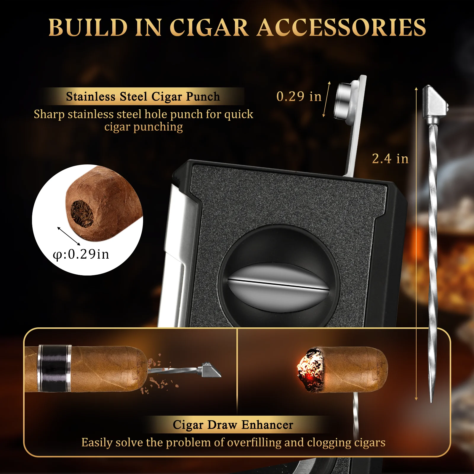 Cigar Cutter Guillotine 4 in 1 Straight Cut V Cutter with Cigar Punch Cigar Draw Enhancer, Stainless Steel Blade Cigar Clippers