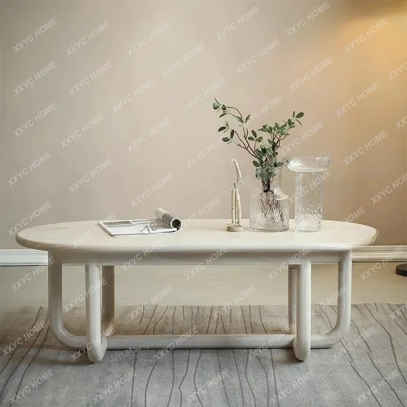 

L Coffee Table, Oval Distressed, Rounded Corner, Living Room, White, Hotel,