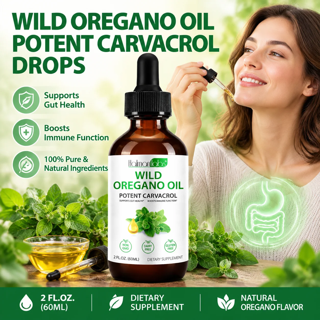 HallmanLabs Wild Oregano Oil Drops Promote Digestion Care for The Intestines Provide Energy with Standardized 70% Carvacrol 60ml