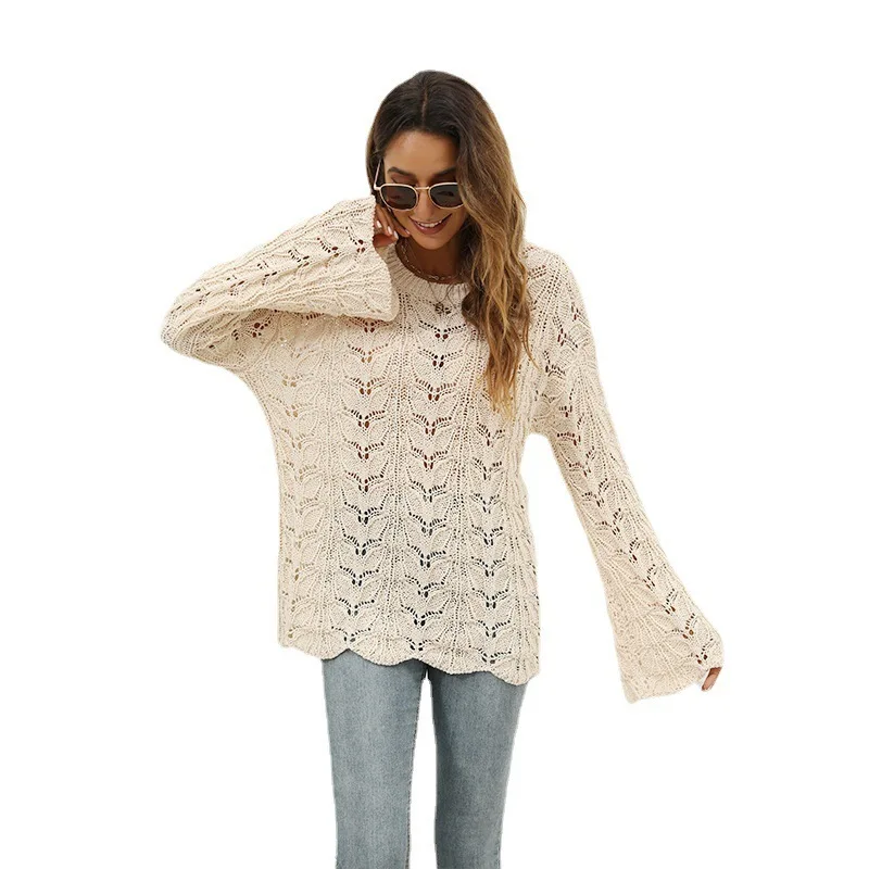 2022 autunno e inverno nuova maglia tinta unita gancio fiore scava fuori pullover girocollo maglione allentato per le donne