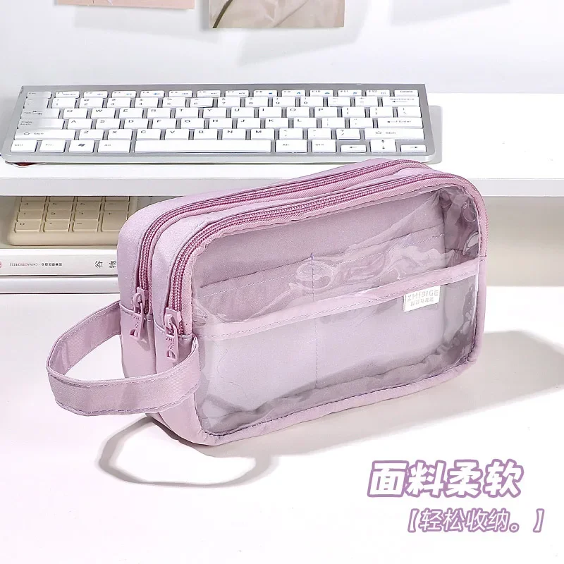 Imagem -04 - Bolsa de Lápis Transparente Bonito Bolsa de Lápis de Grande Capacidade de Três Camadas Lápis Portátil Material Estudantil Papelaria Escolar