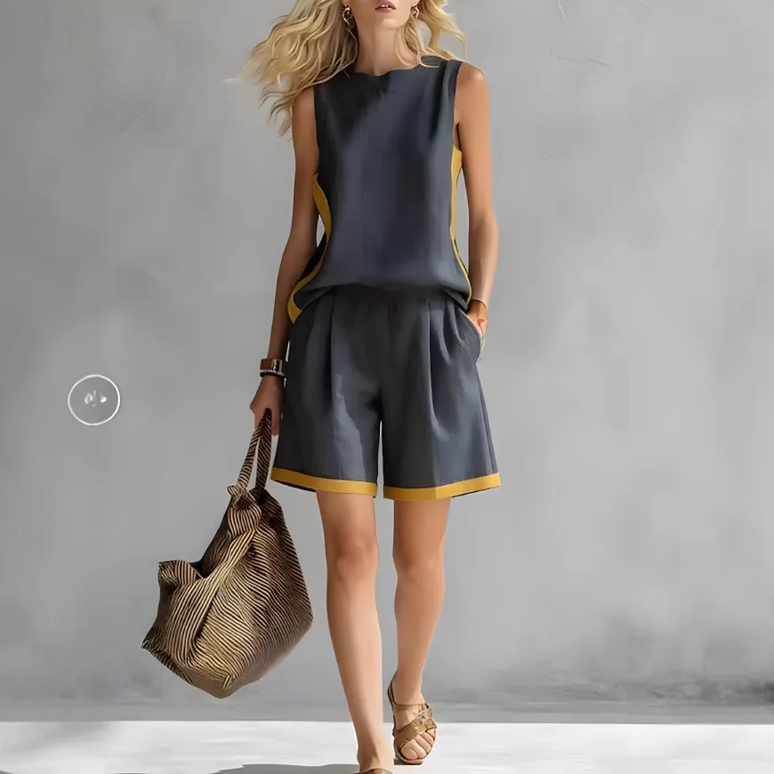 Contrast Color Sleeveless Top and Shorts Set Fashion Casual Two Piece Outfit for Women