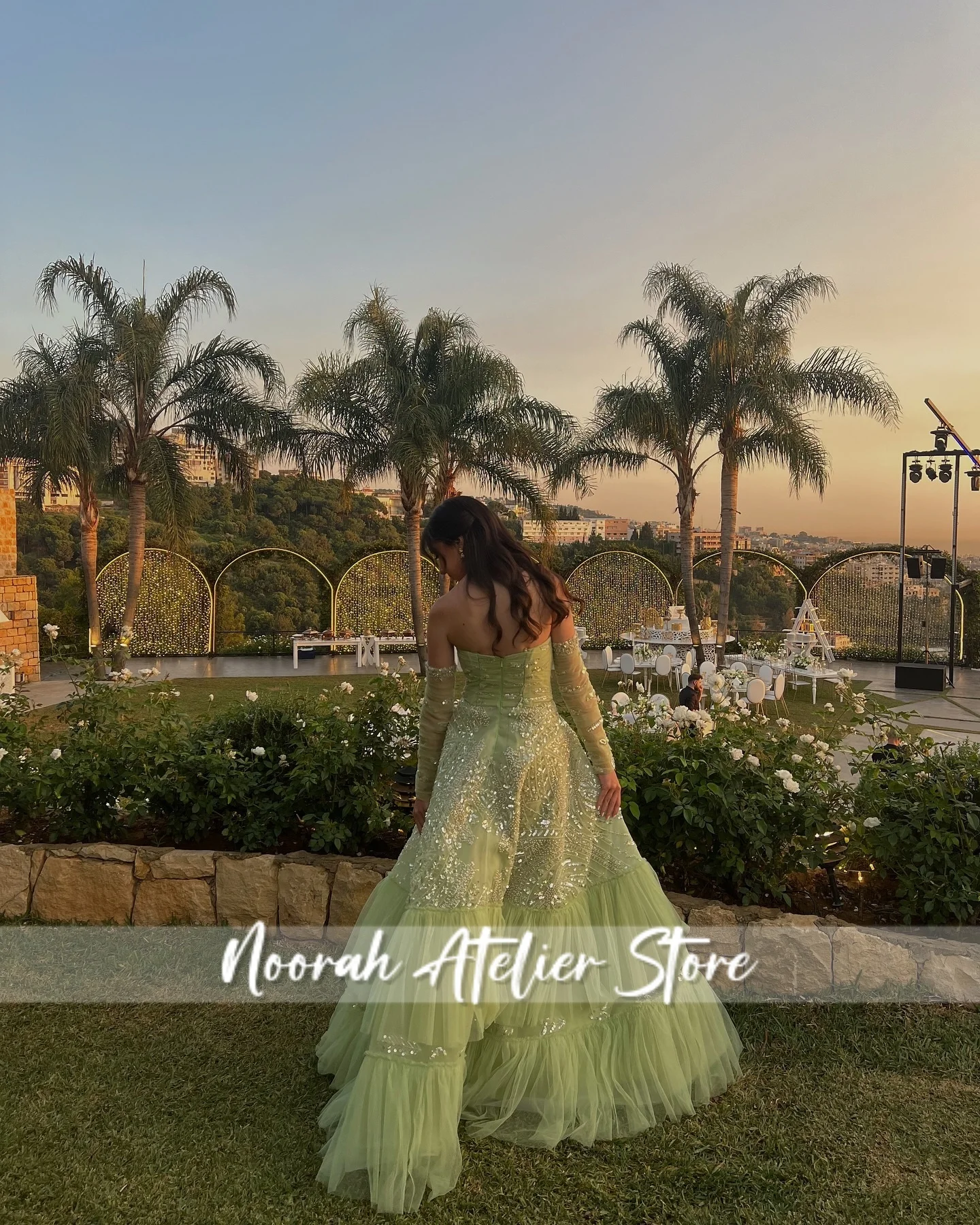 Green Strapless Sequin Tulle Saudi Arabia Evening Dresses With Gloves 2025 Aline Wedding Gown Formal Dresses Customized