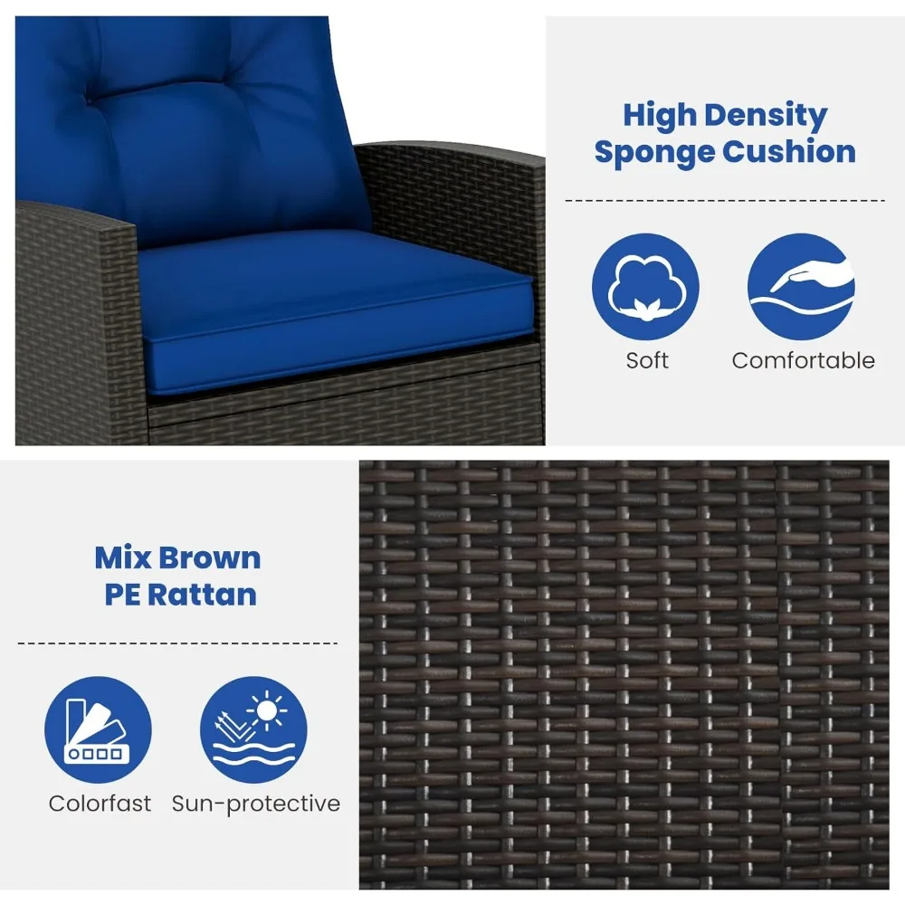 3 Pieces Patio Furniture Set, Outdoor Wicker Rocking Chairs with Soft Cushions, Glass Coffee Table, Rattan Conversation Bistro