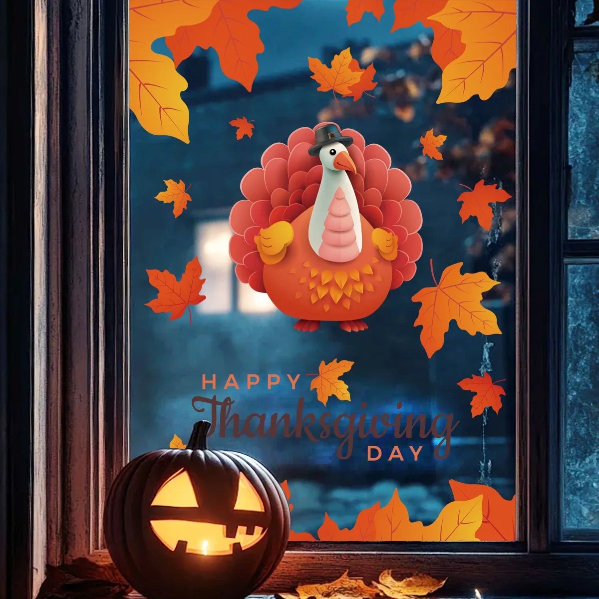 Thanksgiving PVC Static Cling Stickers Pilgrim Hat Cartoon Turkey Maple Leaf Waterproof Window Decoration Holiday Decor