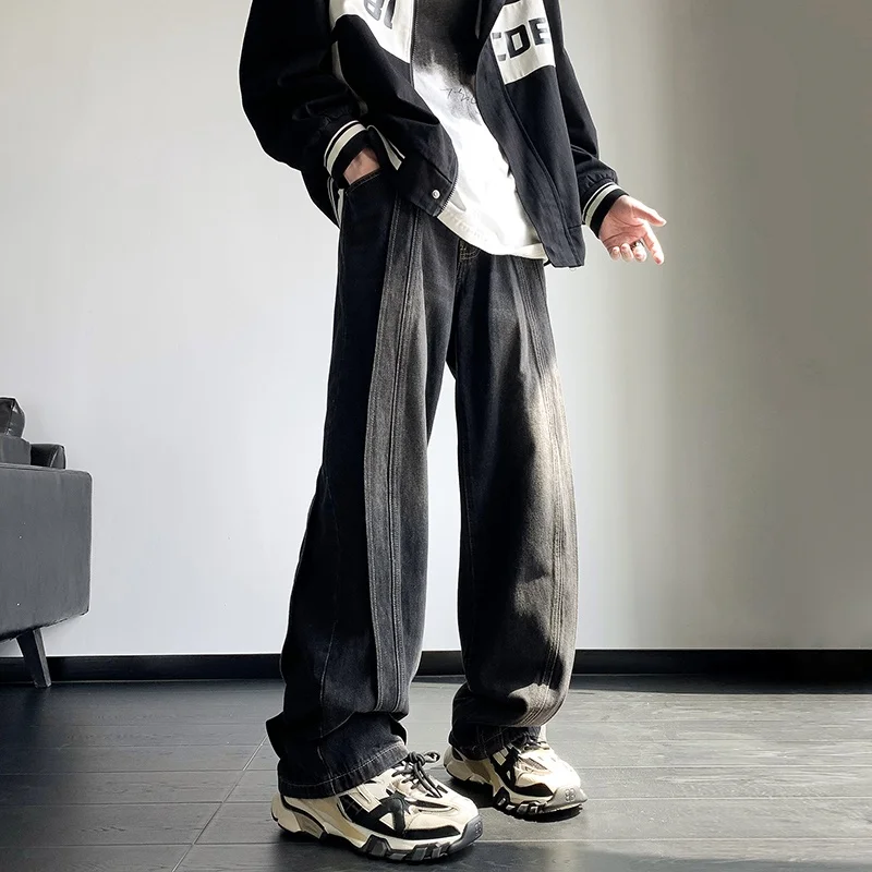 

Retro American Denim Jeans Men's Spring Autumn High Street Wide Leg Pants Loose Straight Tube Vibe Micro Flared Trousers