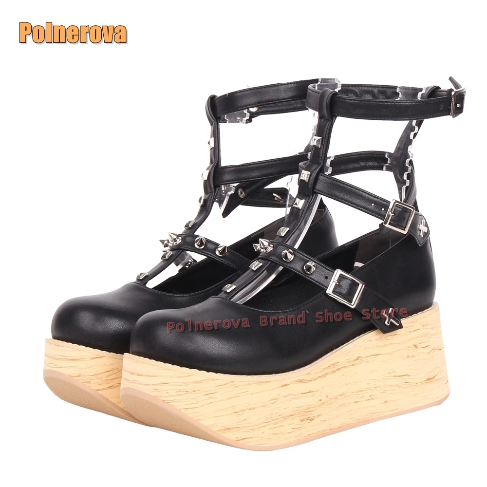 

Сандалии на платформе с заклепками и Т-образной завязкой, Новое поступление 2023 года, летние туфли-лодочки с круглым носком на толстой подошве и пряжкой на ремне с вырезами, модельные туфли Y2K, стиль субкультуры