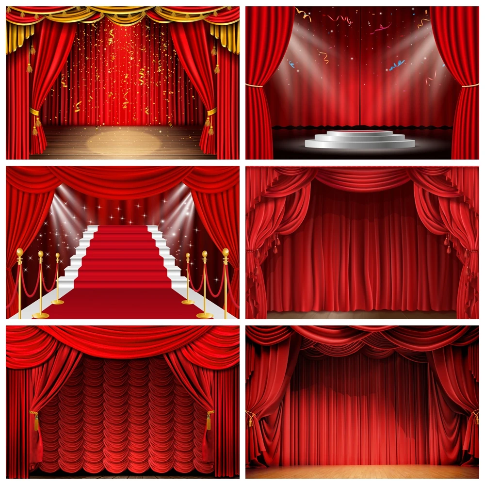 

Red Curtain Spotlight Stage Happy Birthday Party Photography Backdrop Baby Shower Portrait Custom Poster Photocall Background