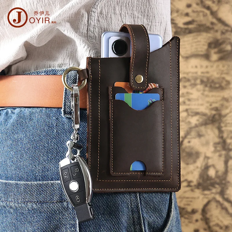 New Crazy Horse Leather Belt Bag Wholesale with Card Position Wear Mobile Phone Belt Pouch Outdoor Leisure Phone Bag Men's Belt