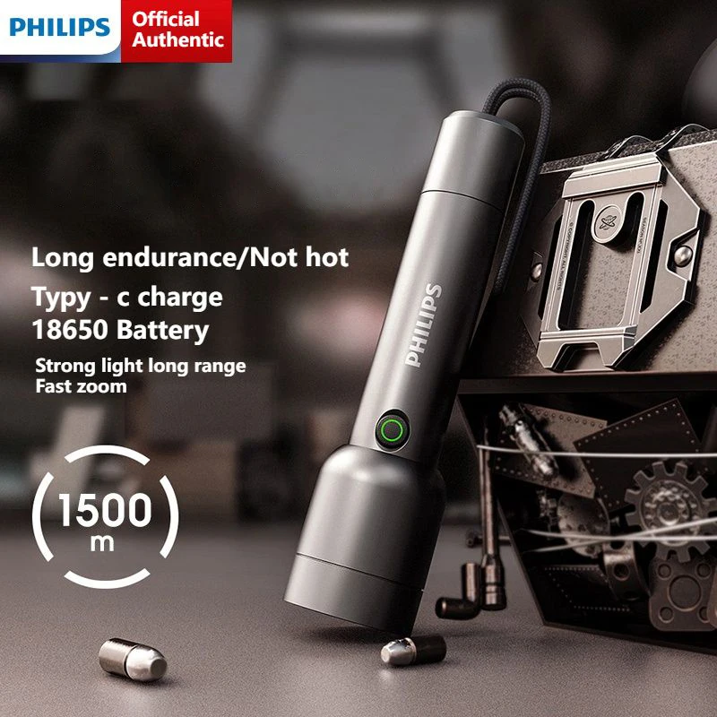 PHILIPS Bright Flashlight - 1500m Long Range, Fast Zoom, Type-C Charge, 18650 Battery, Strong & Sharp Flash, Durable & High