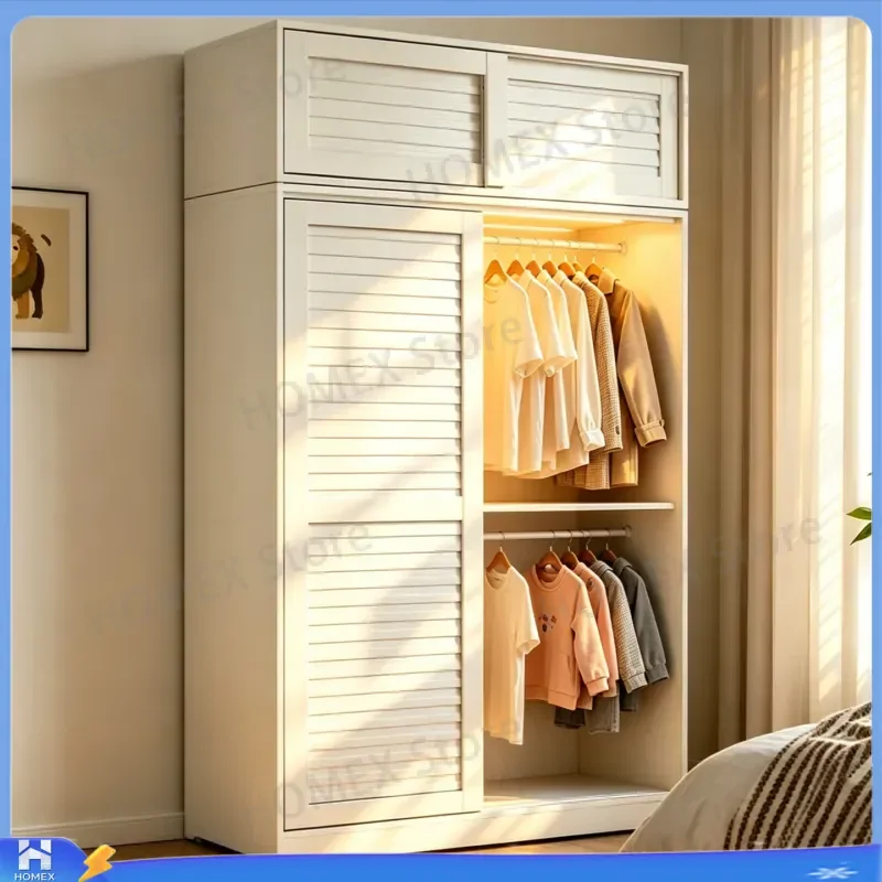 Modern Steel Wardrobe with Sliding Door Easy Assembly Bedroom Closet Storage Cabinet Dust Proof Coat Rack for Small Apartment