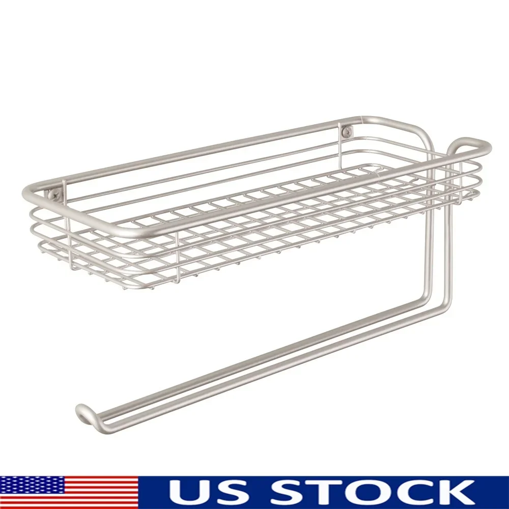 

Wall Mount Paper Towel Holder with Shelf Rust Resistant Steel Kitchen Organizer Cleaning Supplies Soaps Spices Candles Storage