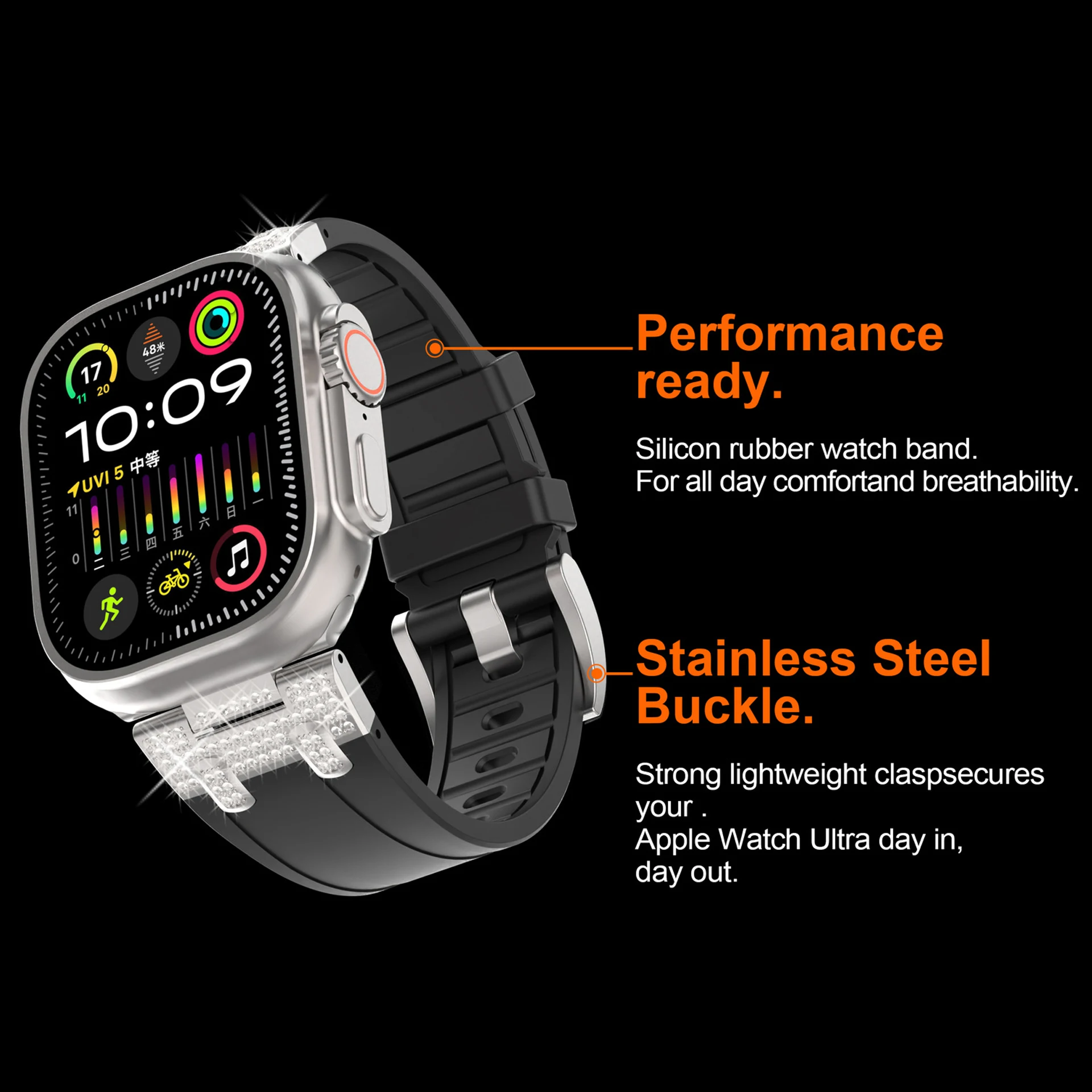 Rubber Strap for Apple Watch 9 45mm Ultra 2 49MM 44mm 42mm Diamond Connector Silicone Watch Band for IWatch9 8 SE 7 6 4 5 3 2 1