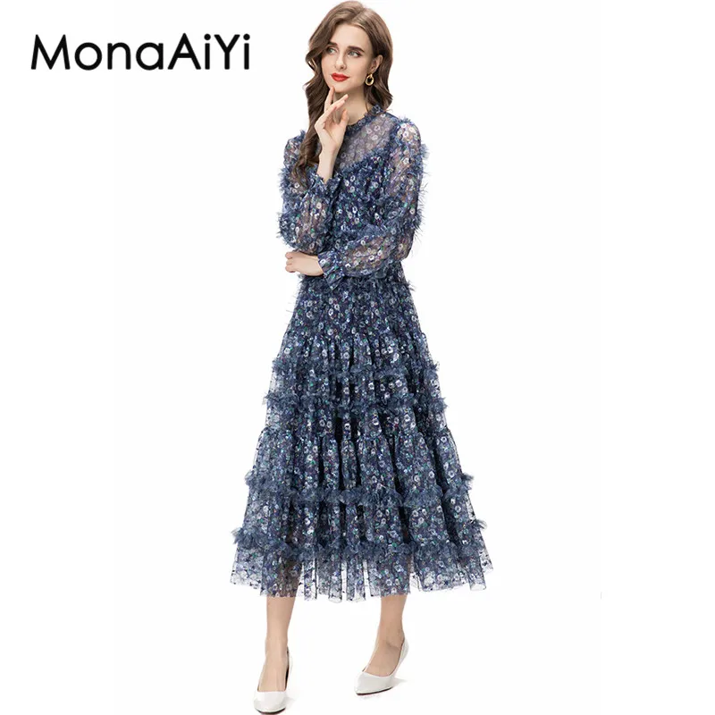 

MonaAiYi New Fashion Runway Designer Royal Blue Dress Women's Ruffled Collar Long Sleeve Flower Print Fungus edge Mesh Dress