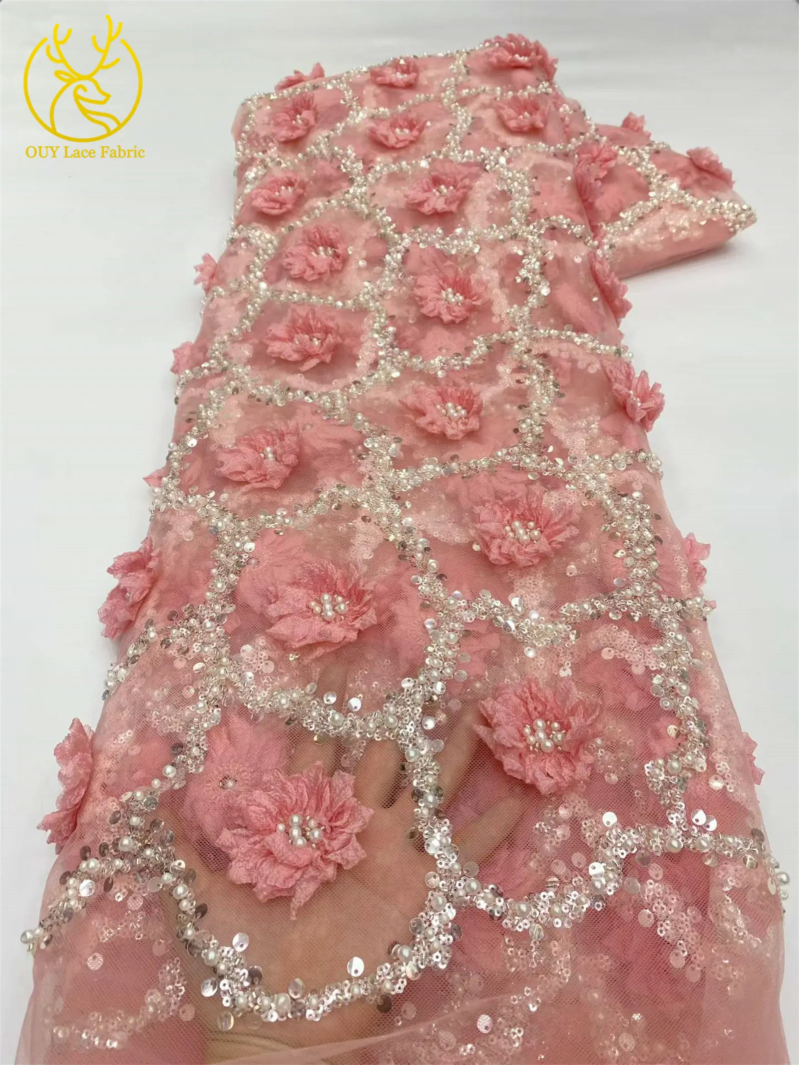 Elegantes Abendkleid 3D-Blumen-Spitzenstoff Afrikanischer Pailletten-Perlen-Spitzenstoff Hochwertiger Nigerianischer Französischer Tüll-Spitzenstoff – Detail 13