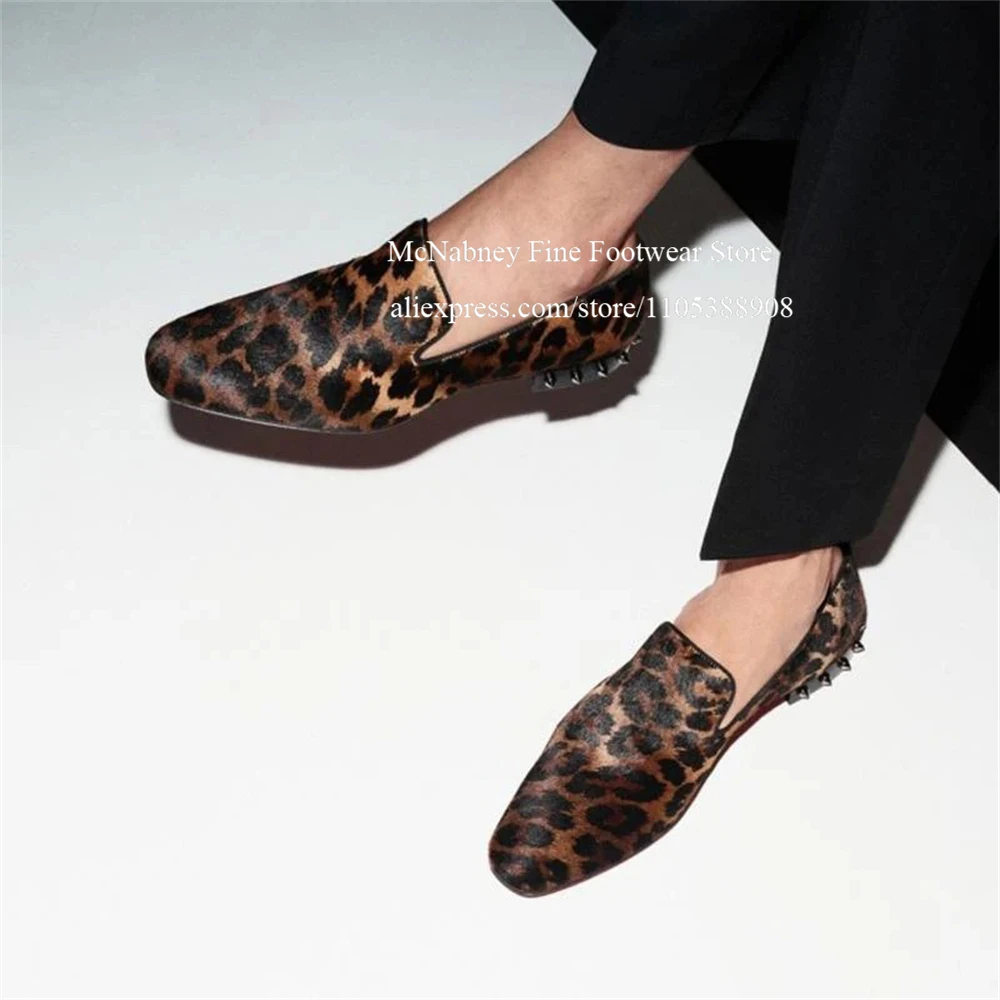 Leopard Print Velvet Slip On Loafers Pointed Toe with Studded flat Heel men casual shoes for Streetwear Party Fashions Plus Size