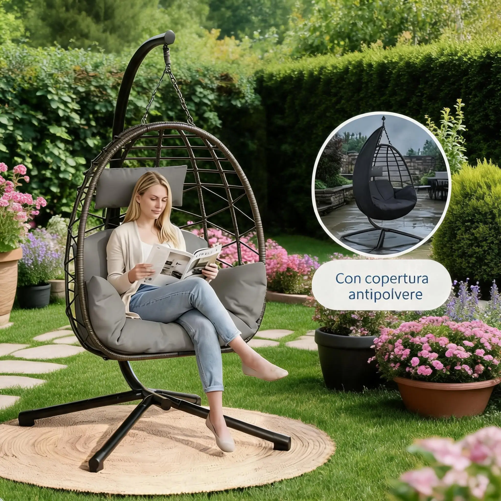 Sedia a uovo pieghevole da appendere con supporto – Altalena a uovo in polirattan per giardino, terrazza e balcone, altezza regolabile, struttura in acciaio fino a 150 kg, include cuscini lavabili con