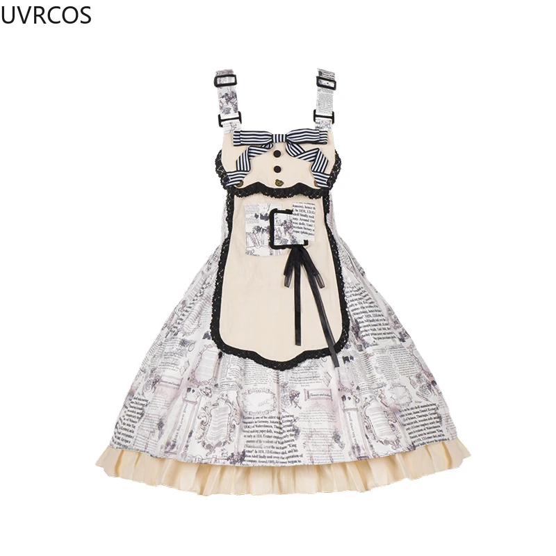 Victorian Gothic Lolita Jsk Dress Women Harajuku Y2k Stripe Bow Print Strap Dresses Punk Style Removable Apron Tea Party Dresses