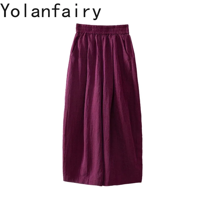 YOLANFAIRY Ladies 100%Mulberry Silk Gambiered Trousers Rose Red Tortoise Crack Silk Pants Elastic Waist Luxury Harem Pants Women