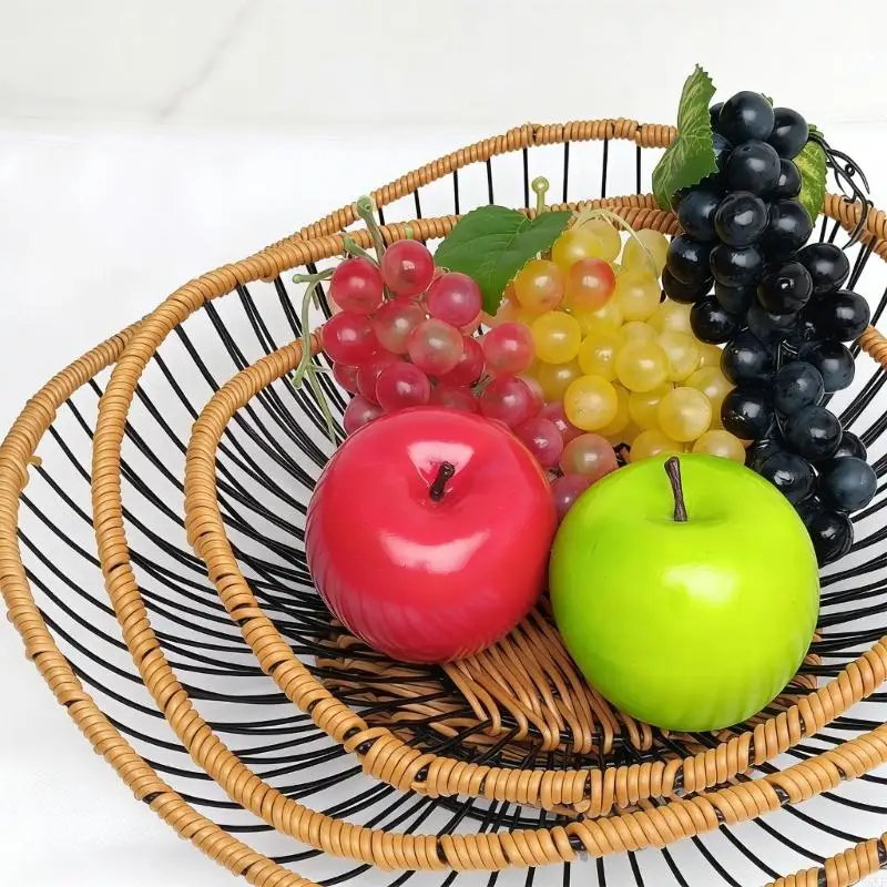 Sturdy Metal Wire Basket With Hand woven Rattan Trim Decorative Vegetable Tray Perfect For Drying Freshness Produce 55KF
